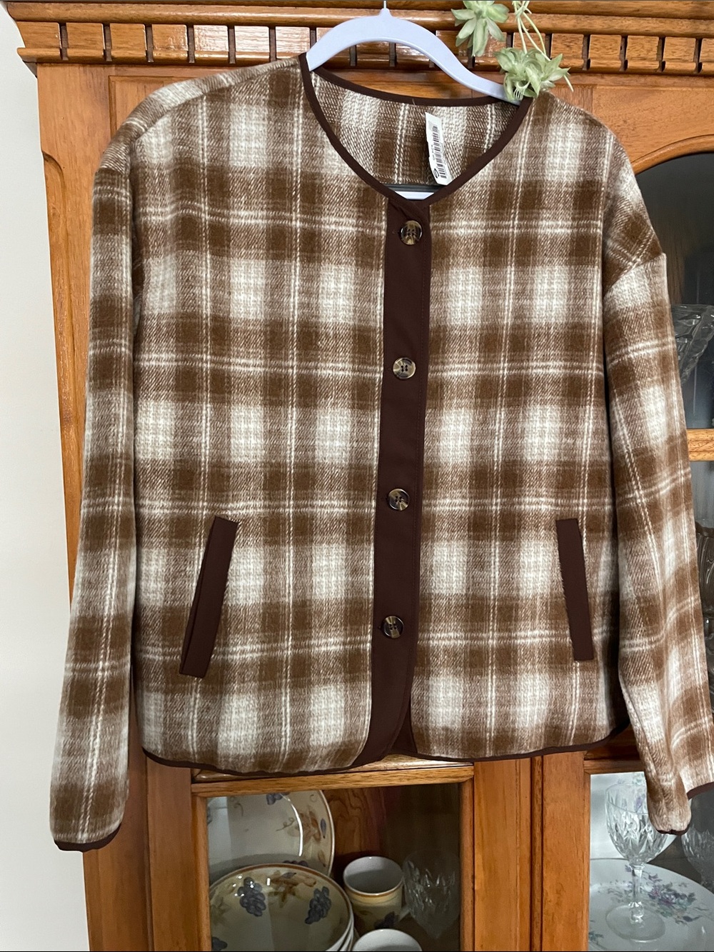 NWT Brown and Cream Plaid Women's Button-Front brushed Jacket Sz Small